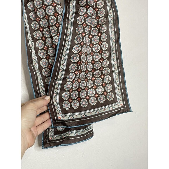 sally gee silk scarf brown teal medallion print 8.5x24" made in japan Vintage - Picture 7 of 7